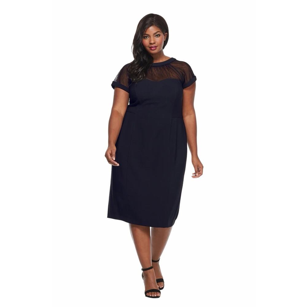 Maggy London Plus Size Illusion-Trim Sheath Dress in Navy Blue Size 22W NWT